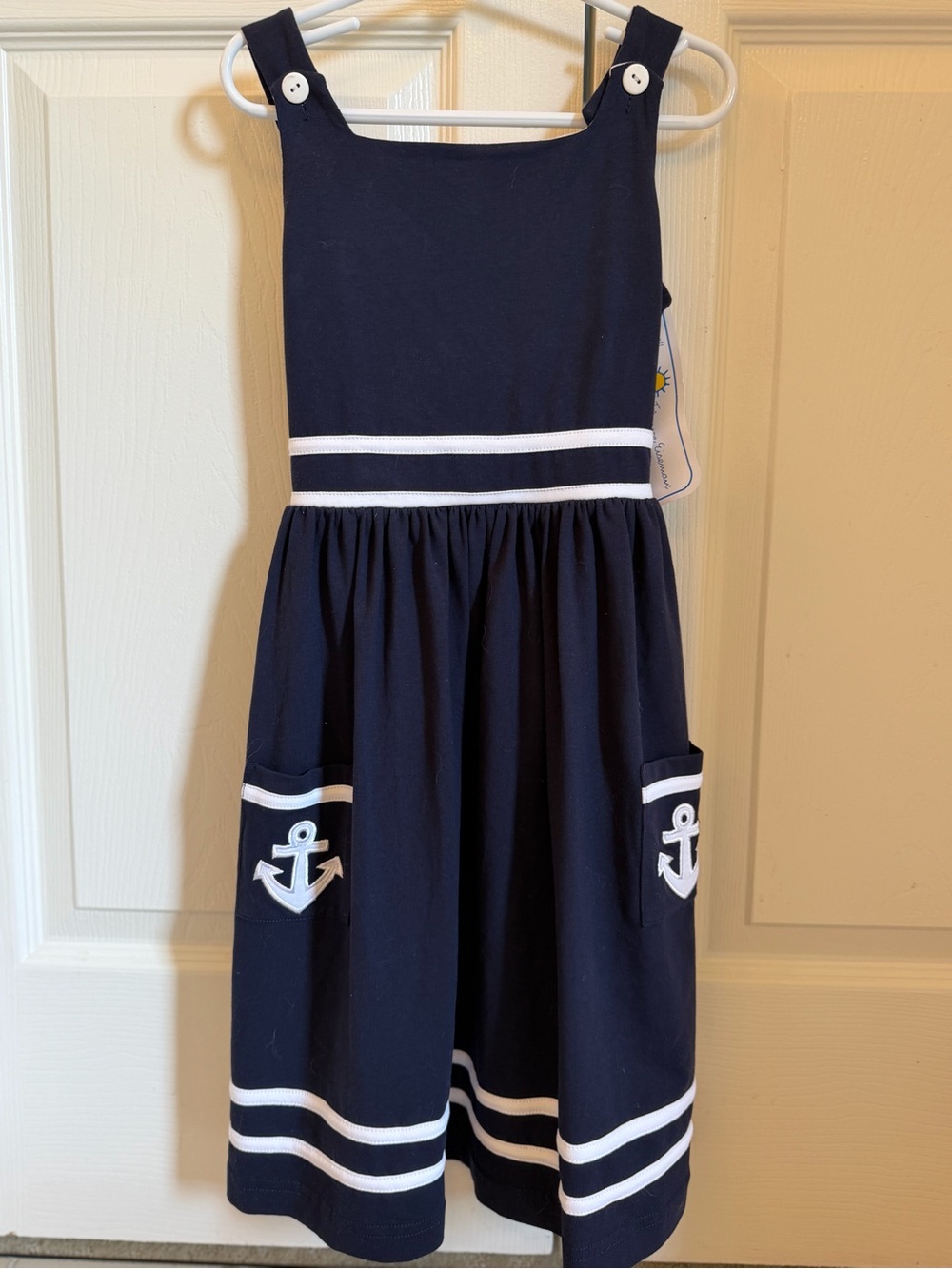 NWT Florence Eiseman Girls Navy & White knit Anchor Pocket Sundress 6x - Picture 3 of 4